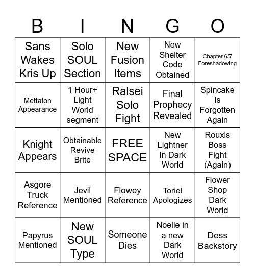 Sneak's Deltarune Chapter 5 Bingo Card Bingo Card