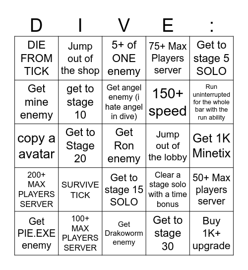 Roblox Dive Bingo Card
