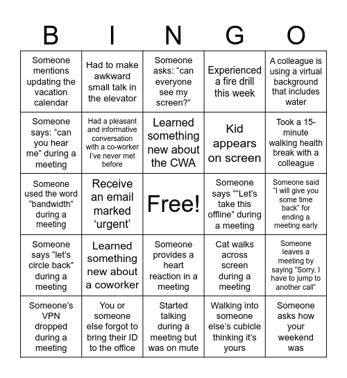 CWA NPSW Bingo Card