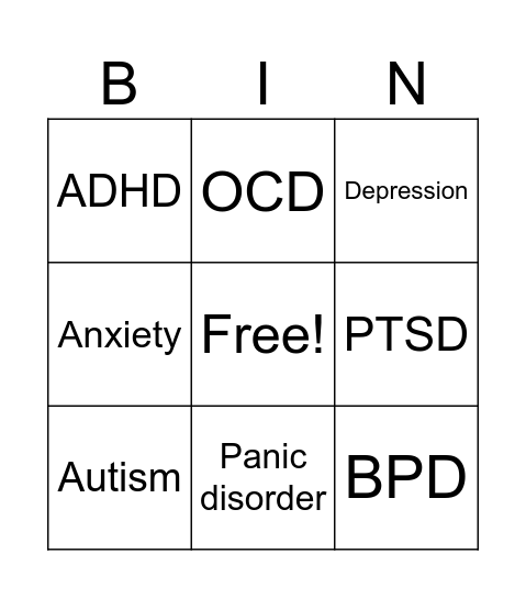 Mental health bingo Card