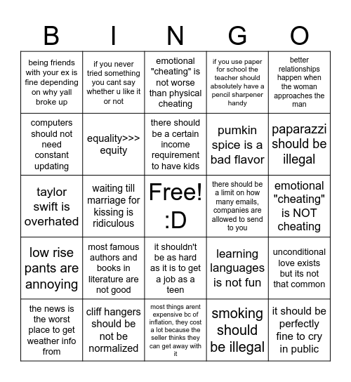 unpopular opinion bingo card Bingo Card