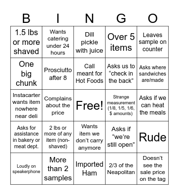 Deli Customer Bingo Card