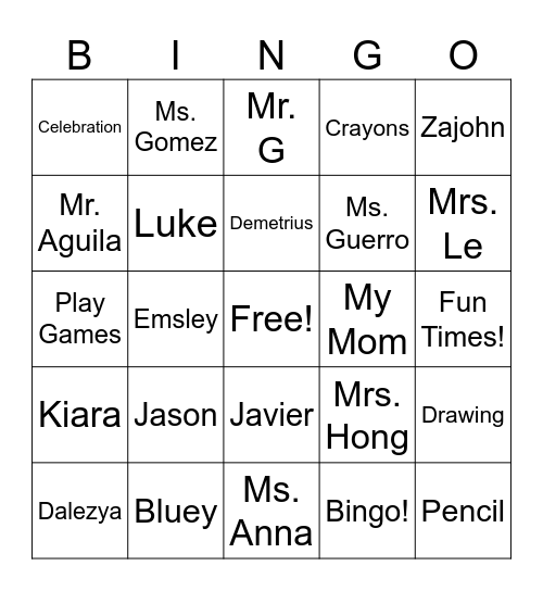 Kindergarten End of the Year! Bingo Card