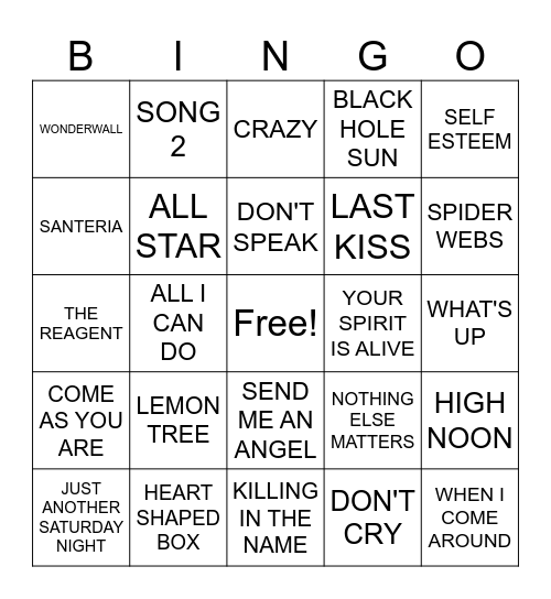 90S ROCK CLASSICS Bingo Card