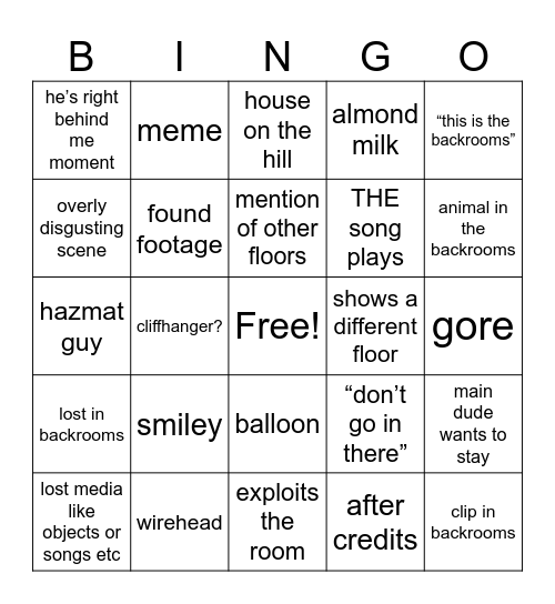 the backrooms Bingo Card