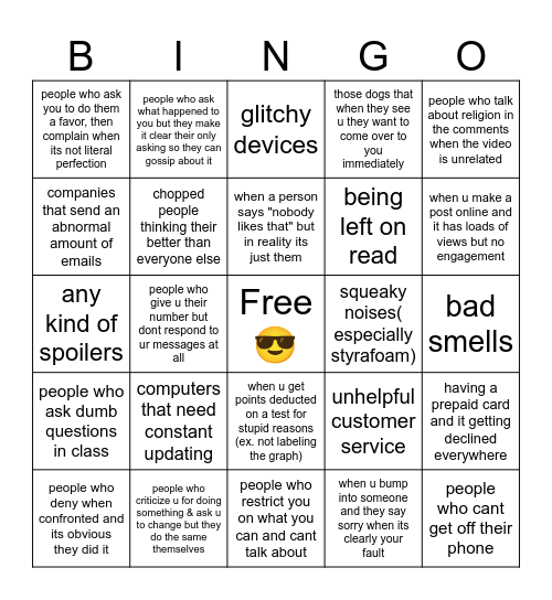 pet peeves bingo card Bingo Card