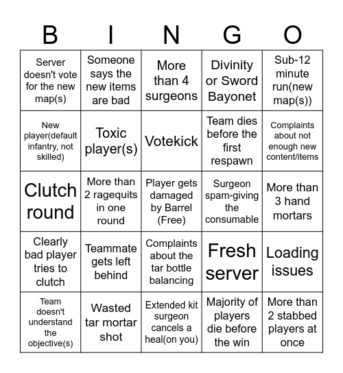 G&B Update Bingo Card