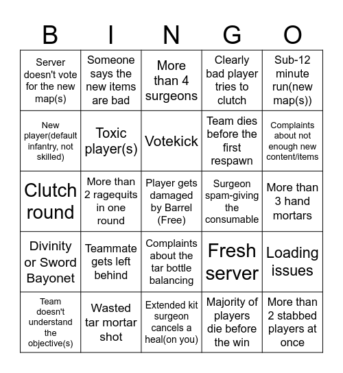 G&B Update Bingo Card