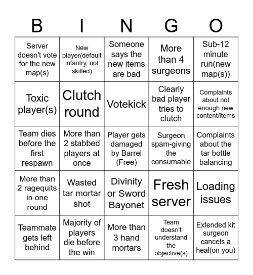 G&B Update Bingo Card