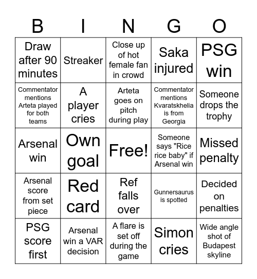 Champions League Final Bingo 30/05/26 Bingo Card