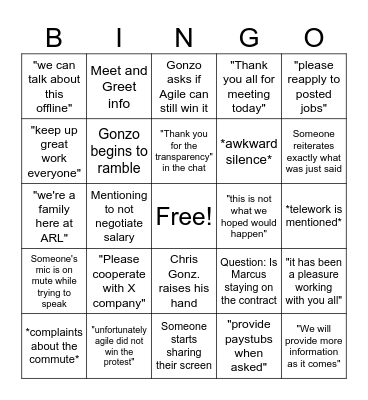 ARL Contract Bingo! Bingo Card