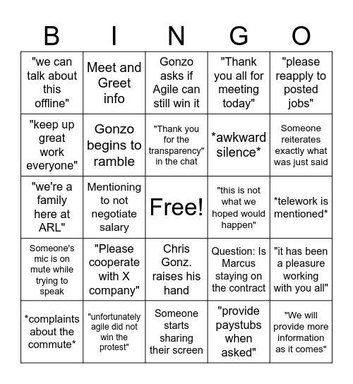 ARL Contract Bingo! Bingo Card