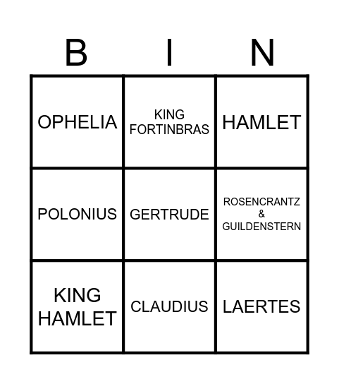 HAMLET - Causes of Death Bingo Card