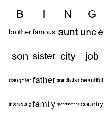 Family Bingo Card