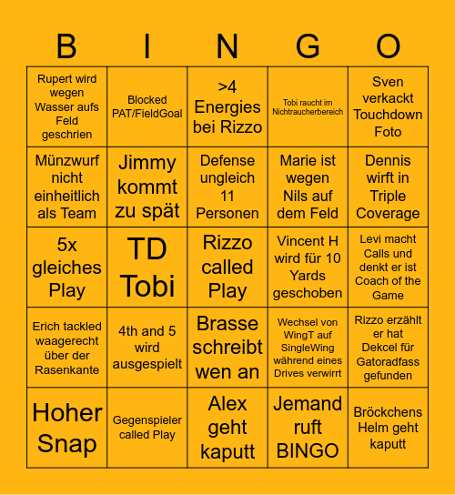 Generals @ Invaders Bingo Card