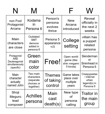 Persona 6 Bingo Card Bingo Card