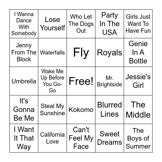 Summer Hits Bingo Card