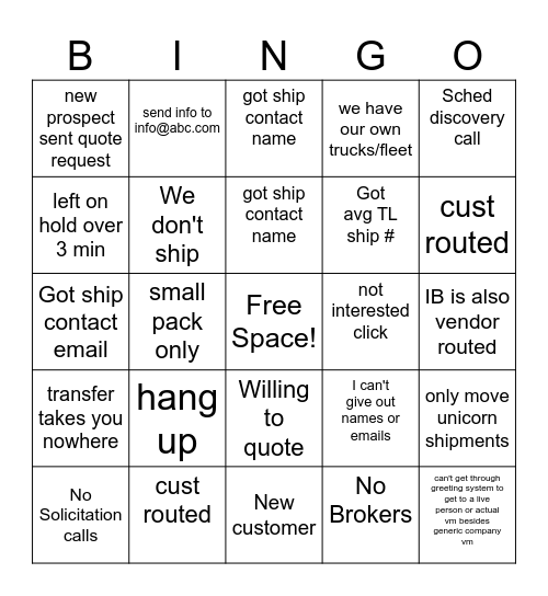 Prospecting Bingo Card