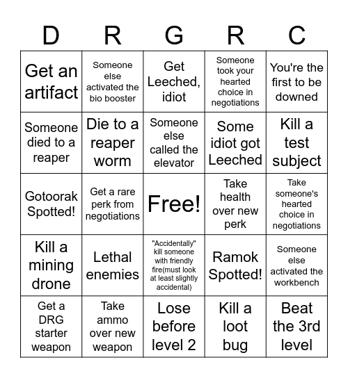 DRUNK DRG RC Bingo Card