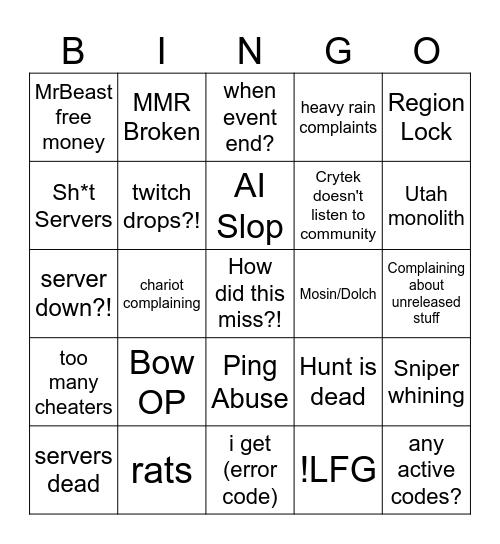 Hunt Bingo Card