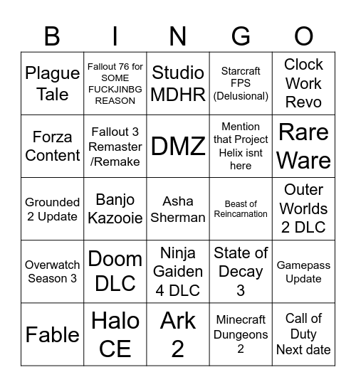 Xbox Showcase Bingo Card