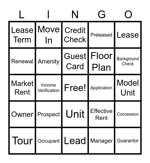 Leasing Lingo Bingo Card