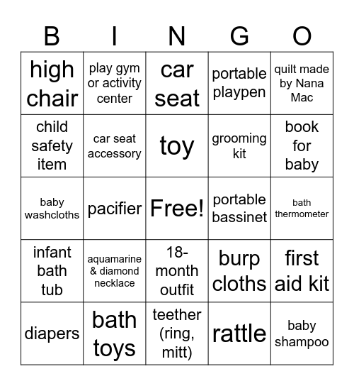 Shower Gift BINGO Card