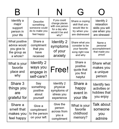 Therapy Bingo Card
