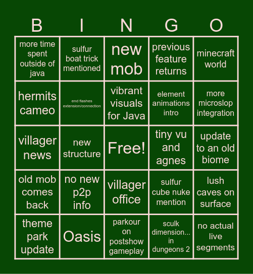 Minecraft Live May 2026 Bingo Card