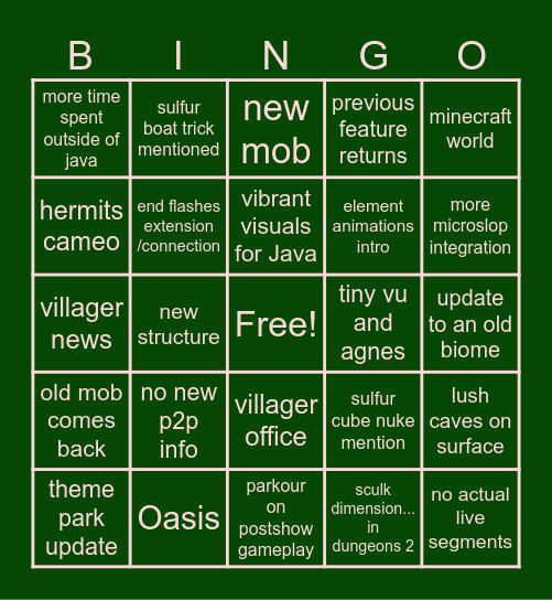 Minecraft Live May 2026 Bingo Card