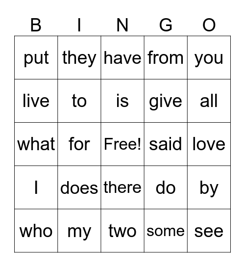 Sight Word Bingo Card