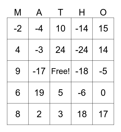 MATHO Bingo Card