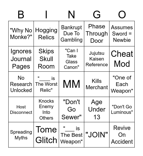 Ancinet Dungeon VR Multiplayer Bingo Card