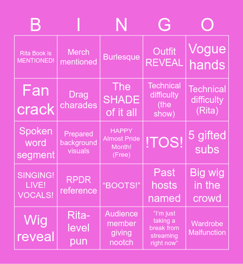 Rita Book's Twitchcon Drag Showcase Bingo 2026! Bingo Card