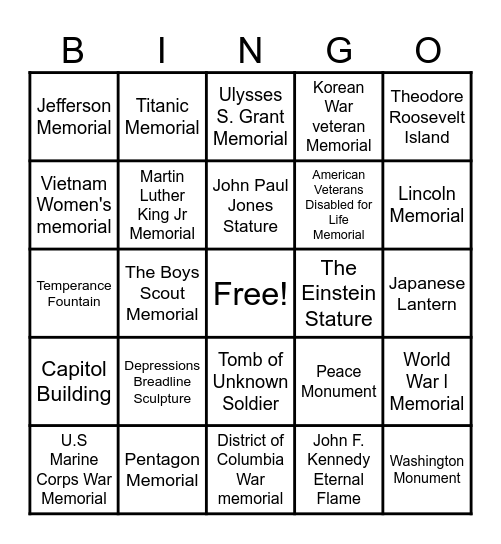 Washington DC Monuments !! Bingo Card