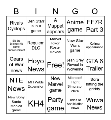 Game Showcase Predictions Bingo Card
