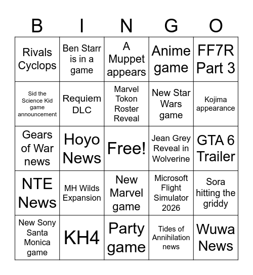 Game Showcase Predictions Bingo Card