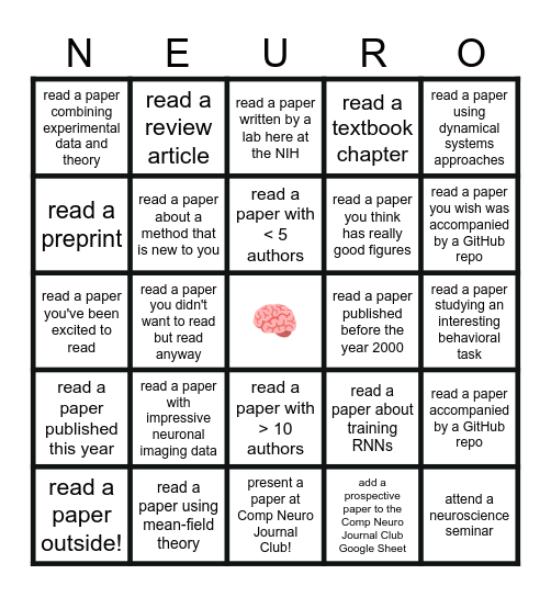 Computational NEURO (summer reading BINGO) Bingo Card