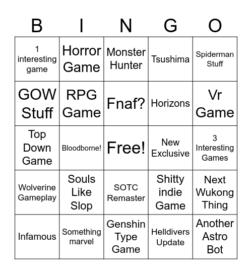 State Of Play Bingo Card