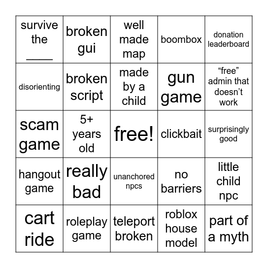 ultimate roblox place roulette Bingo Card