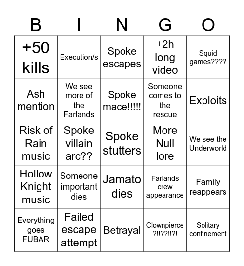 Spoke Purgatory part 2 Bingo Card