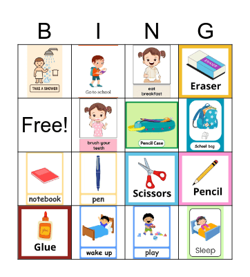 Daily Routines and School Supplies Bingo Card