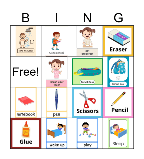 Daily Routines and School Supplies Bingo Card