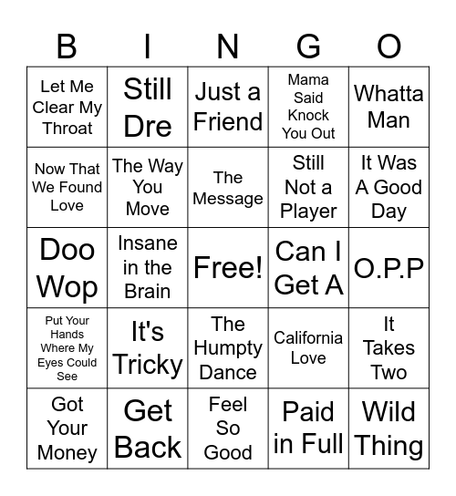 Classic Rap Bingo Card