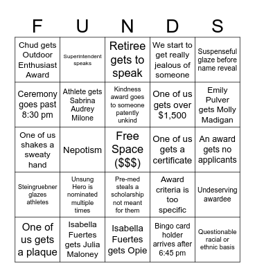 Senior Awards Night Bingo Card