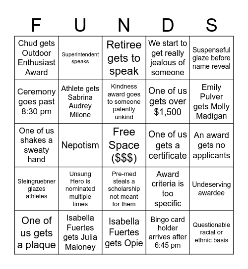 Senior Awards Night Bingo Card