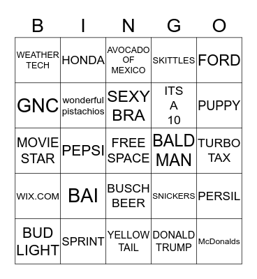 2017 SUPER BOWL BINGO Card