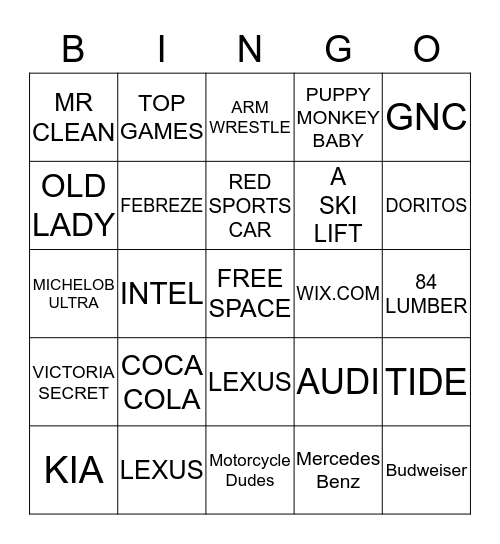 2017 SUPER BOWL COMMERCIAL BINGO Card