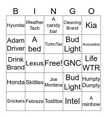 Super Bowl Commercials 2017 Bingo Card