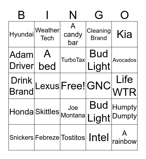 Super Bowl Commercials 2017 Bingo Card